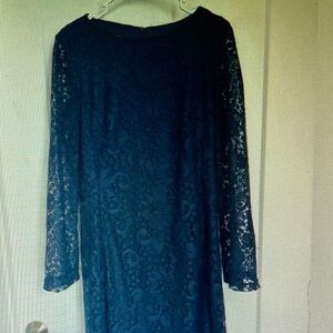 Navy Blue AB Studio Long Sleeve Lace Sheath Dress